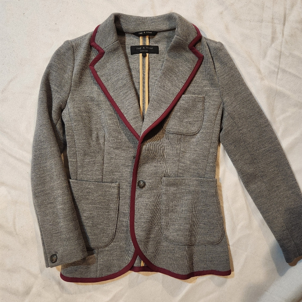 Rag & Bone Knit Blazer Gray Burgundy Trim 100% Merino Wool XS Bromley